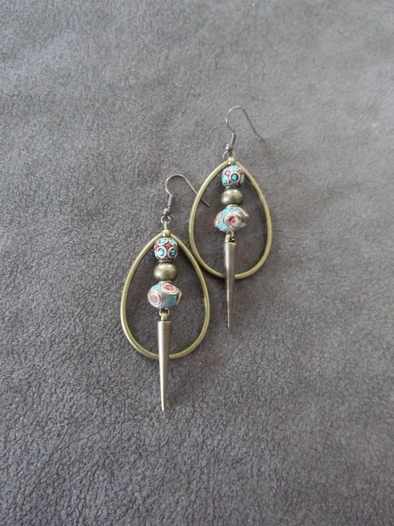 Gemstone inlay Tibetan style bronze hoop earrings 3