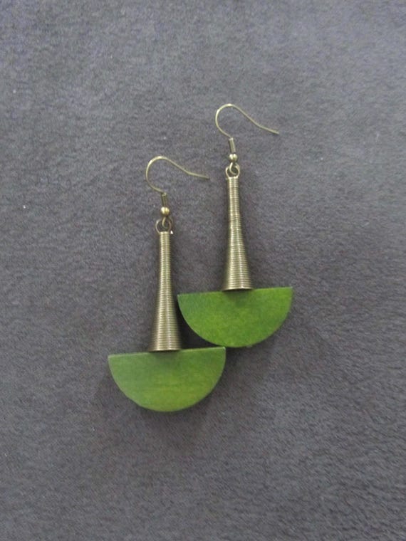 Green Wooden Dangle Earrings: Bronze Afrocentric Statement Jewelry