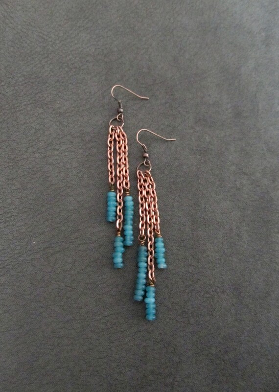 Copper industrial chain and frosted glass earrings