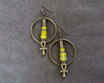 Hoop earrings frosted yellow glass and ankh