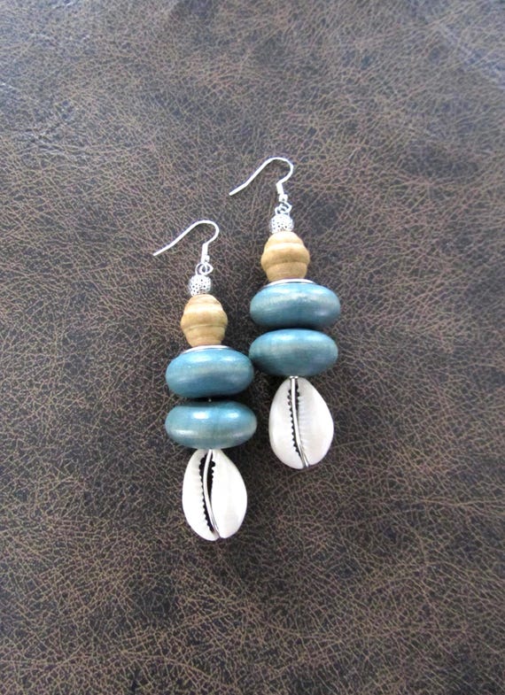 Bold chunky cowrie shell and blue wooden earrings