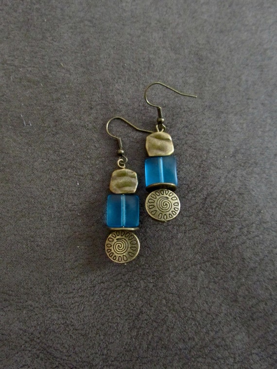 Sea glass earrings, boho chic earrings, tribal ethnic earrings, bold earrings, bronze earrings, unique artisan earrings, blue frosted glass2