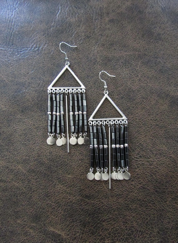 Gray hematite and silver chandelier earrings