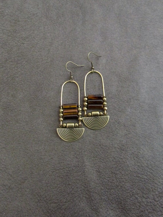 Chandelier earrings, Afrocentric earrings, bronze ethnic statement earrings, chunky bold earrings, African earrings, tiger's eye earrings