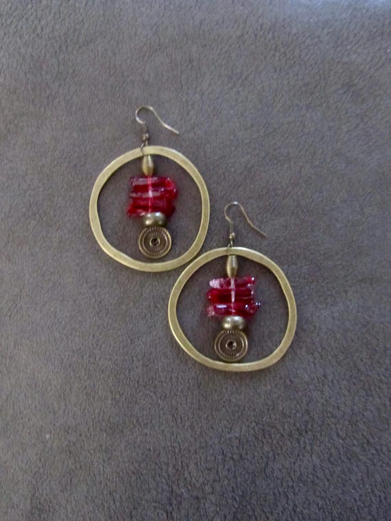 Raw quartz red crystal earrings, rustic boho bronze unique earrings, geode natural bohemian hoop