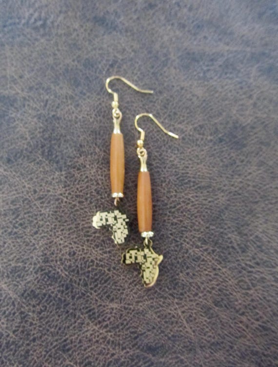 Africa Afrocentric carved bone earrings, orange and gold