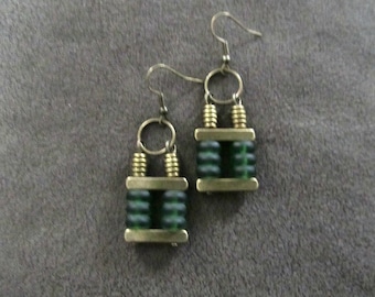 Mid century modern earrings, industrial earrings, green frosted glass earrings