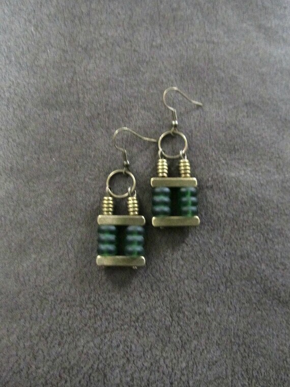 Mid century modern earrings, industrial earrings, green frosted glass earrings