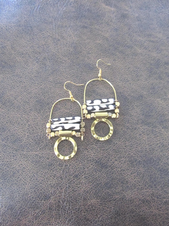 Afrocentric Chandelier Earrings: Batik Bone Beads, Gold Hooks