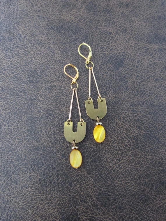 Mid century modern earrings, minimalist earrings, simple unique artisan earrings, yellow mother of pearl