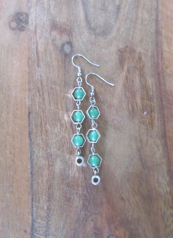 Silver and green geometric hexagon earrings