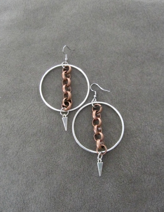 Copper and silver mixed metal hoop earrings