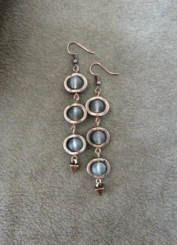 Long gray frosted glass  and copper earrings