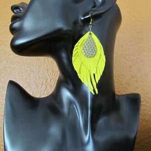 Leather earrings, yellow feather earrings, boho chic earrings, bohemian earrings, bold statement earrings, unique hippie earrings image 3
