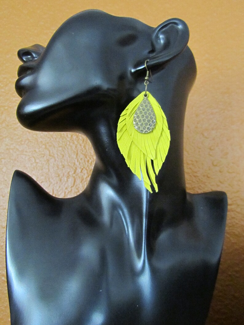 Leather earrings, yellow feather earrings, boho chic earrings, bohemian earrings, bold statement earrings, unique hippie earrings image 3