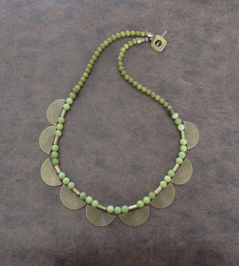 Green serpentine and bronze beaded statement necklace image 2