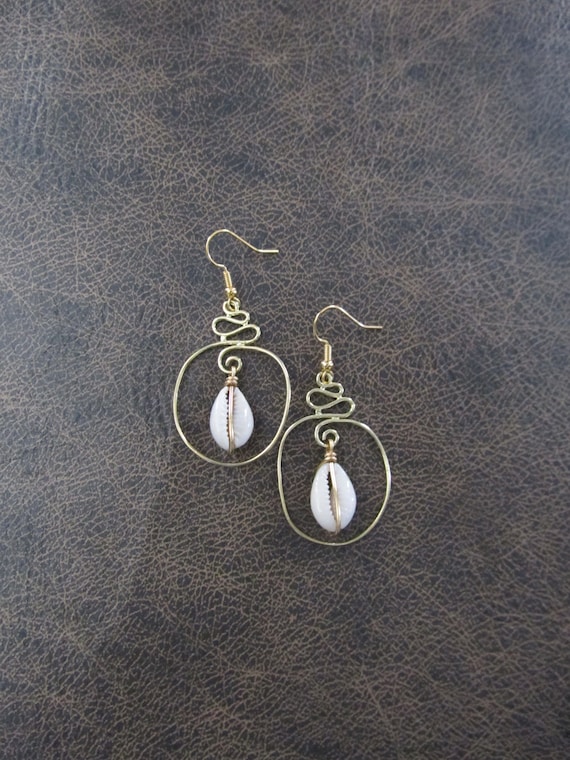 Gold and cowrie shell small hoop earrings