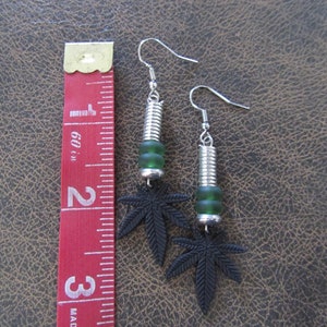 Hemp leaf earrings, marijuana earrings, black earrings, rustic boho earrings, bohemian earrings, unique earrings, Mary Jane, cannabis image 2