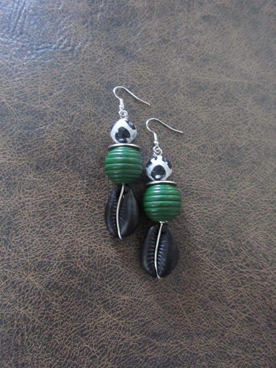 Cowrie shell earrings, black and green earrings
