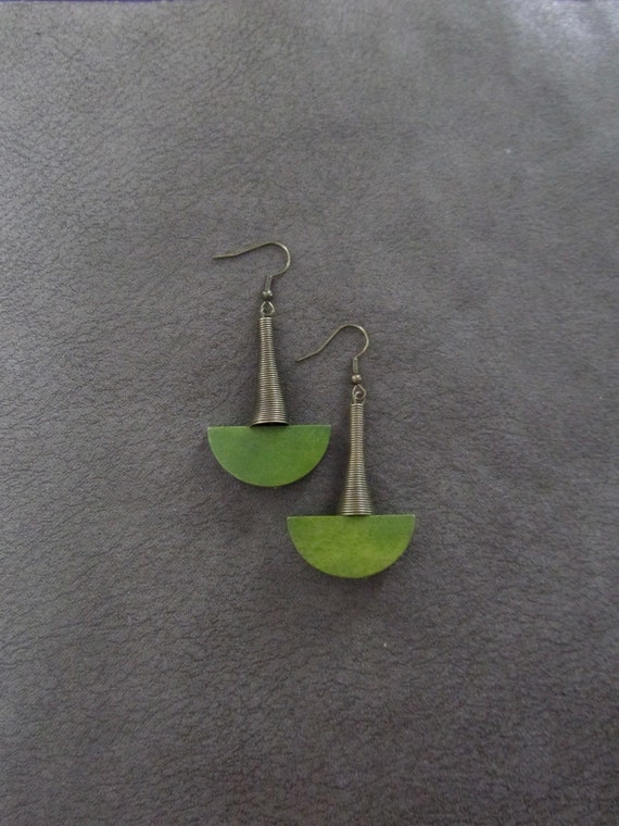 Green wooden and bronze Afrocentric dangle earrings, mid century modern earrings, African earrings, bold statement, unique chartreuse