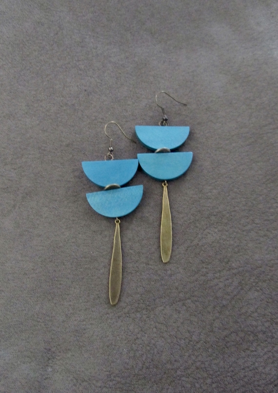 Long blue wood and bronze earrings, Afrocentric dangle earrings, statement earrings, African jewelry, bold ethnic earrings