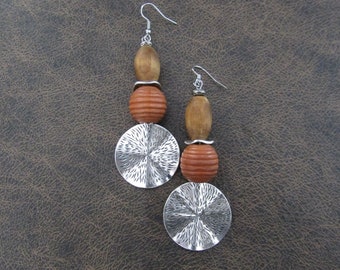 Large hammered silver and wooden earrings