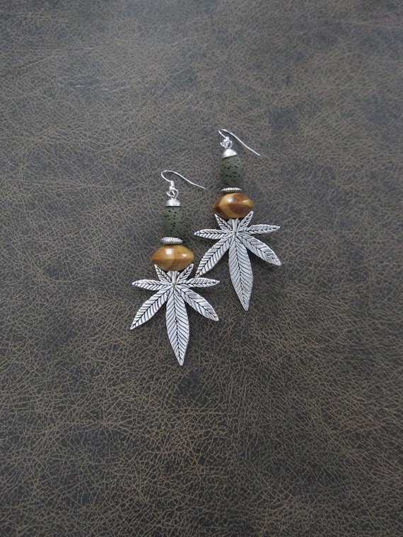 Hemp leaf earrings, marijuana earrings, etched earrings, antiqued silver earrings, rustic boho bohemian earrings, unique earrings, cannabis