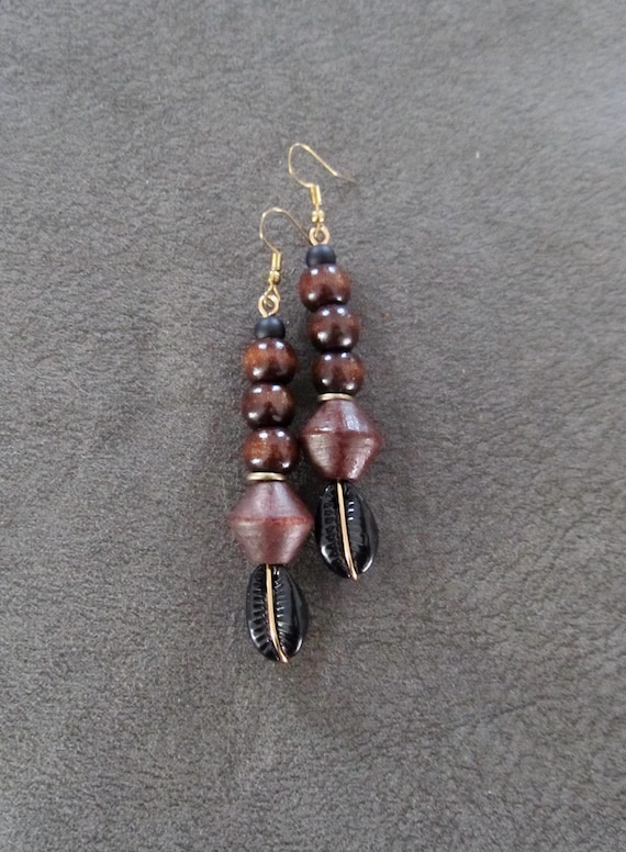 Black cowrie shell and wooden earrings