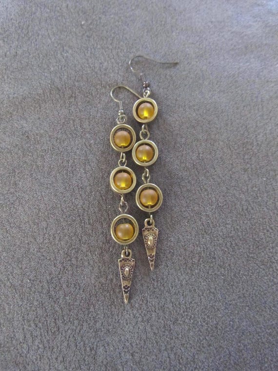 Long bohemian yellow frosted glass and bronze earrings 2