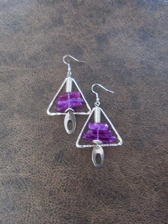 Raw quartz crystal earrings, purple geometric