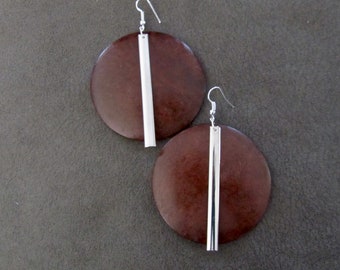 Large wooden silver geometric earrings