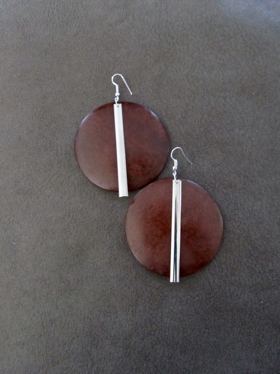 Large wooden silver geometric earrings