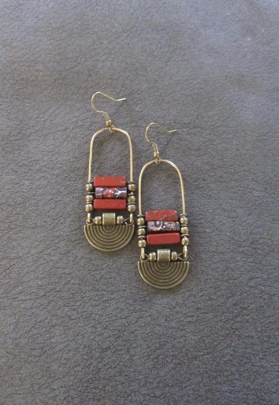 Chandelier earrings, Afrocentric jasper and bronze ethnic statement earrings, rust red stone