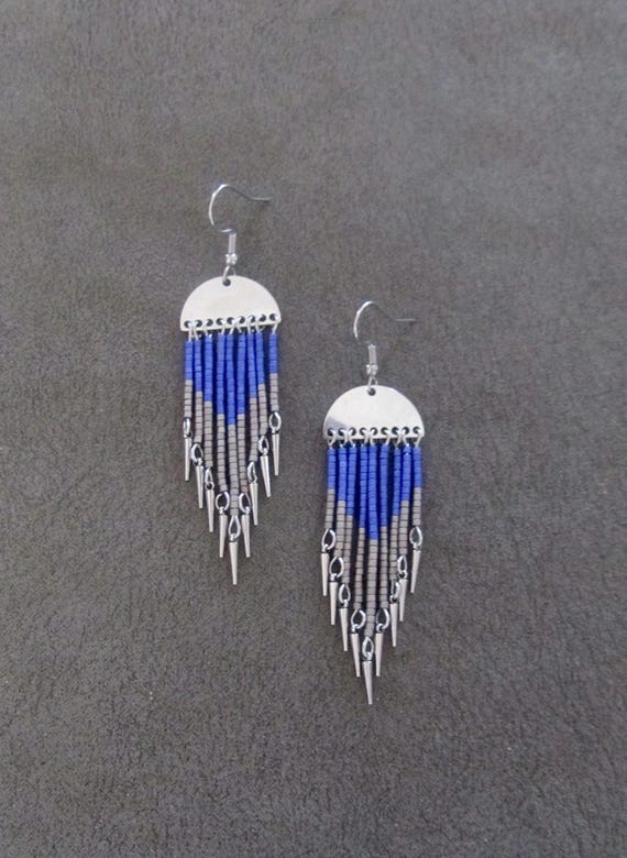 Long seed bead chandelier earrings, blue and gray