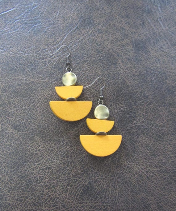 Yellow Wood & Bronze Dangle Earrings: Mid Century Modern Style