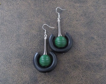 Futuristic wooden earrings, green