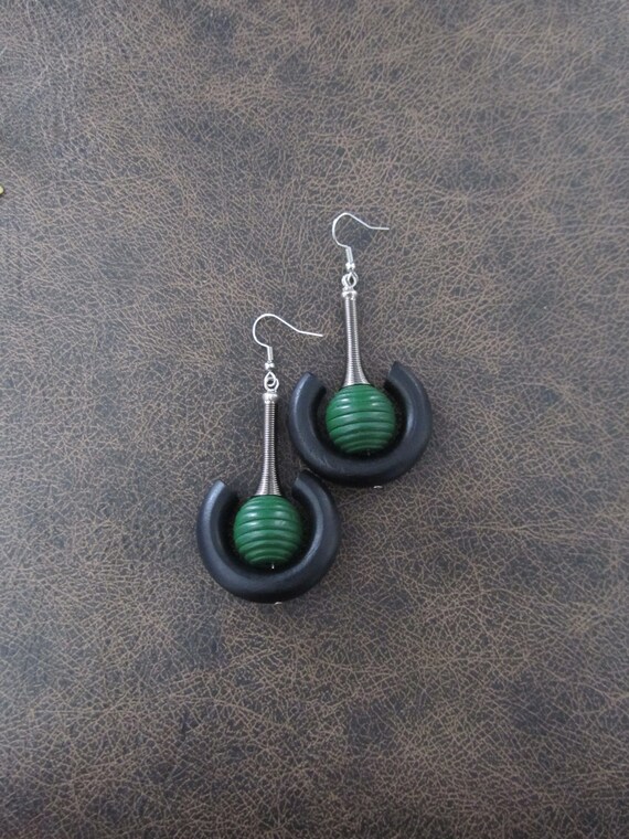 Futuristic wooden earrings, green