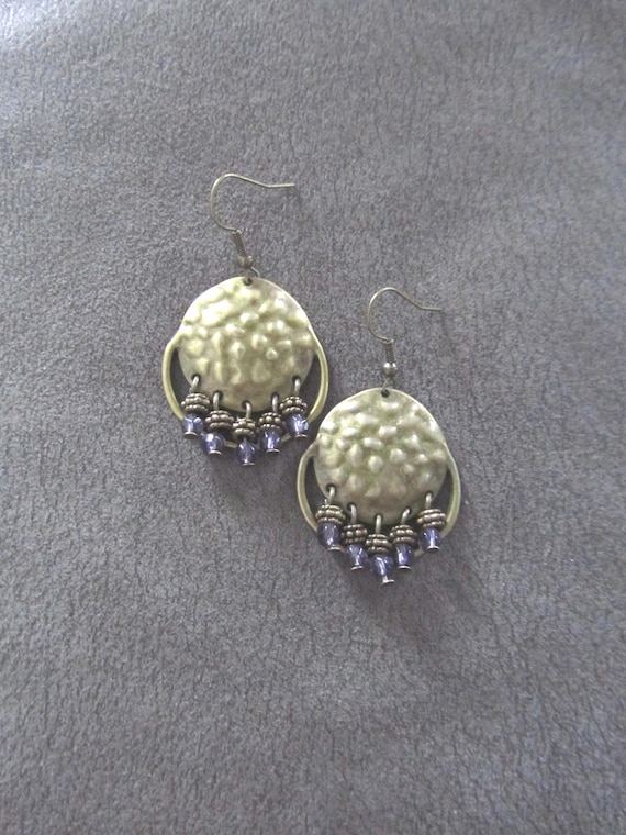 Hammered bronze and purple crystal chandelier earrings
