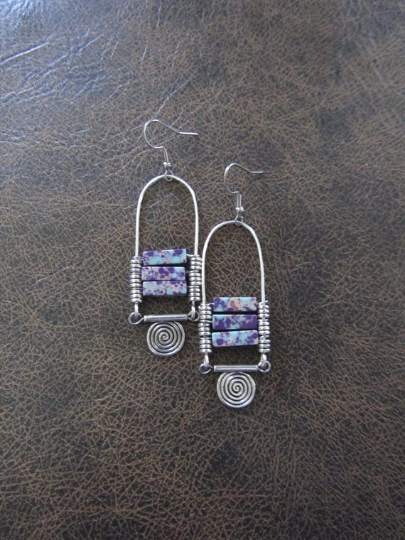 Purple imperial jasper earrings, silver tribal chandelier earrings, unique ethnic earrings, modern southwestern earrings, boho chic 2