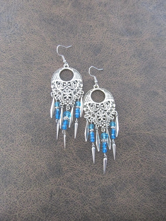 Light blue and silver chandelier earrings, gypsy crystal dangle earrings