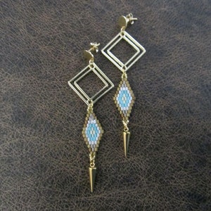 Long seed bead earrings, gold and blue image 1