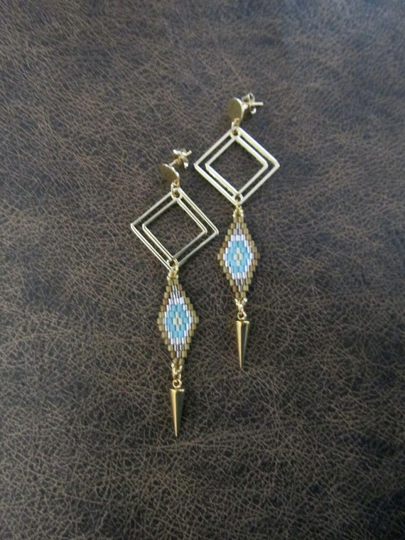 Long seed bead earrings, gold and blue