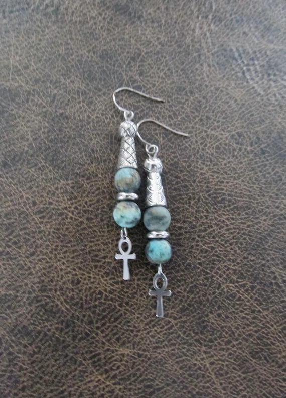 Ankh Egyptian African earrings, fertility symbol, kemetism, turquoise