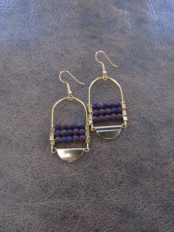Lava rock chandelier earrings gold and purple 2