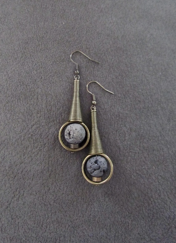 Lava rock and bronze mid century modern earrings