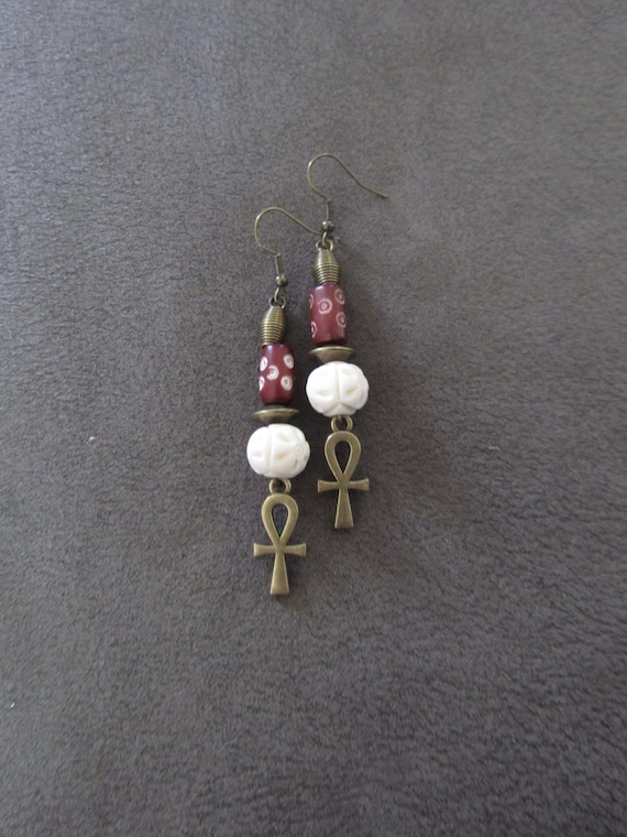 Batik print bone and bronze ankh earrings 2