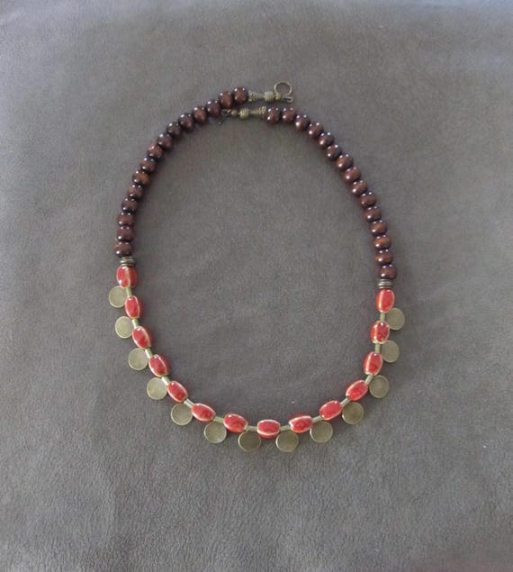 Ceramic and wooden beaded necklace, red