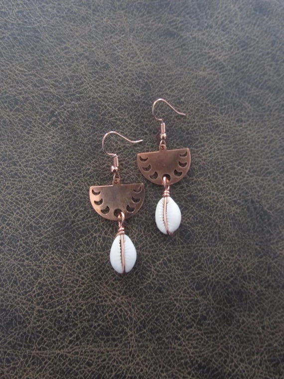 Dainty copper and cowrie shell earrings