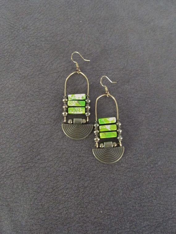 Sediment jasper earrings, green tribal chandelier earrings, unique ethnic earrings, modern Afrocentric earrings, boho chic earrings