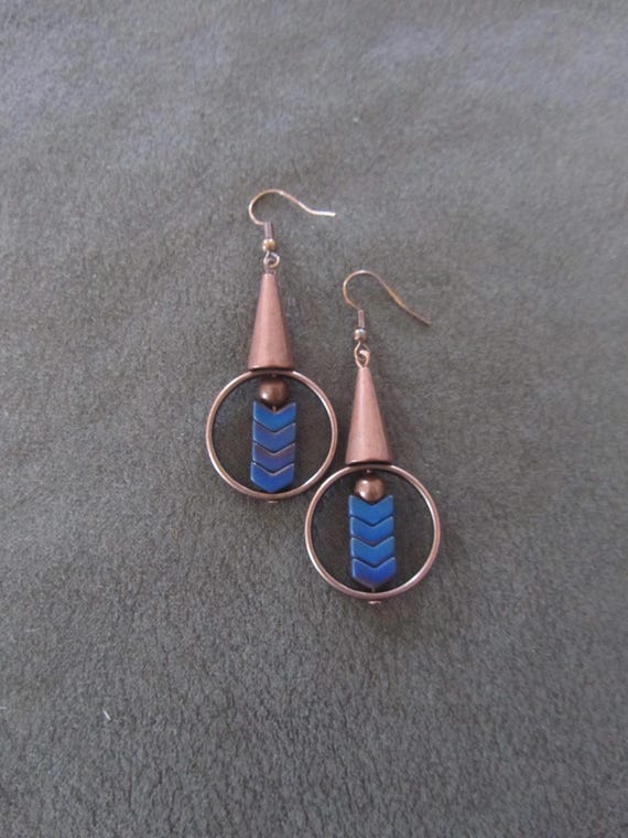 Copper geometric industrial earrings royal blue hematite